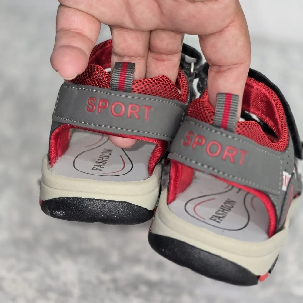 Red and Gray Sandals with Velcro Straps and Cushioned Footbed